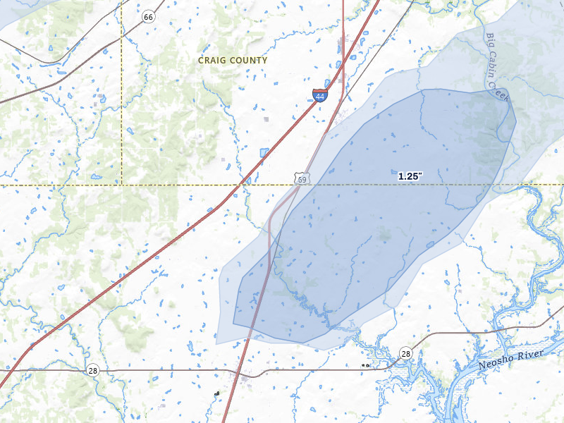 NEXRAD radar-signature map of the hail storm over Big Cabin, OK on Apr 28, 2026