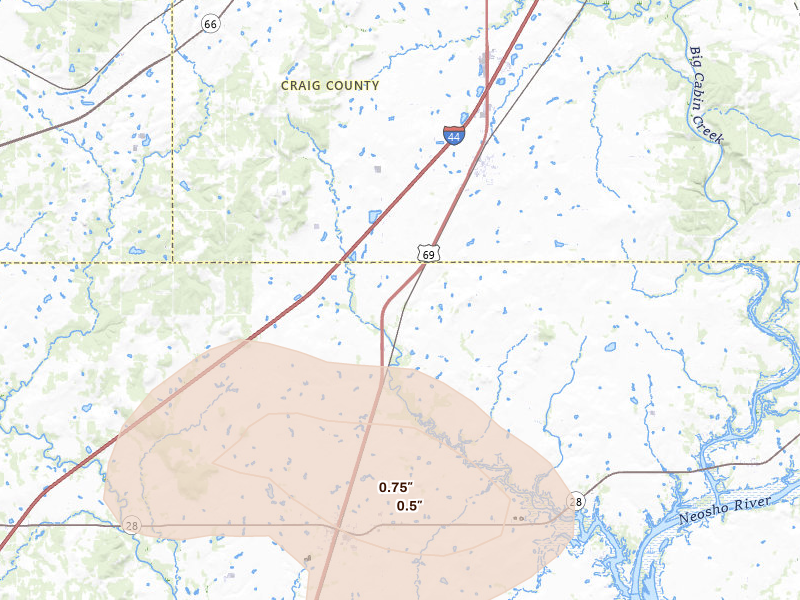 Radar-estimated hail-size map of the storm over Big Cabin, OK on May 29, 2026