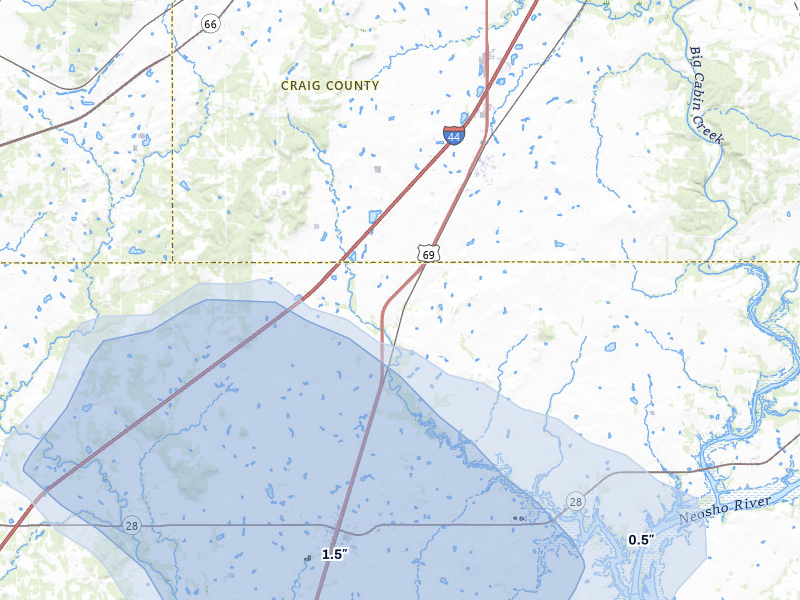 NEXRAD radar-signature map of the hail storm over Big Cabin, OK on May 29, 2026