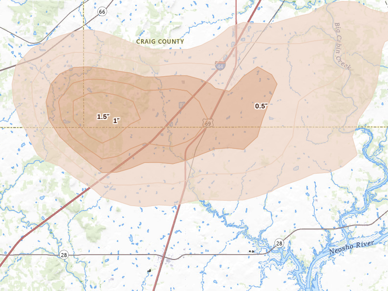 Radar-estimated hail-size map of the storm over Big Cabin, OK