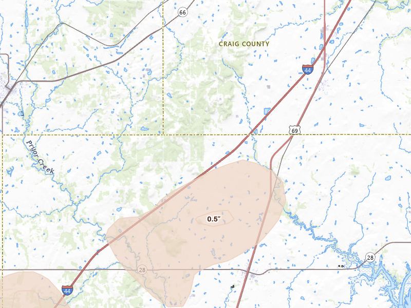 Radar-estimated hail-size map of the storm over Big Cabin, OK on Aug 6, 2026