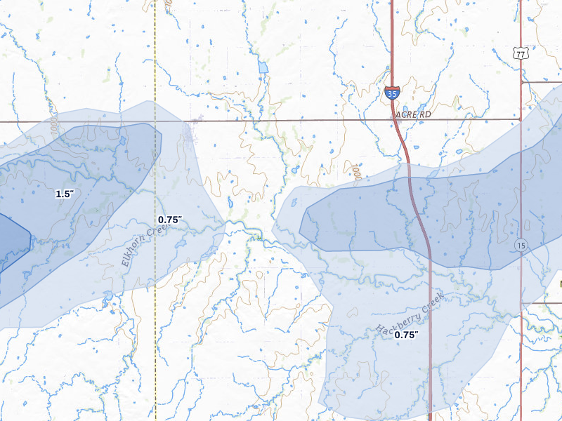 NEXRAD radar-signature map of the hail storm over Billings, OK on Apr 1, 2026