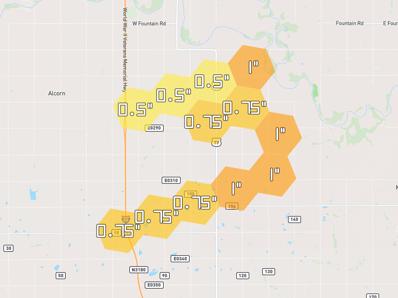 Hail map of Billings, OK on Jun 1, 2026, hail up to 1"