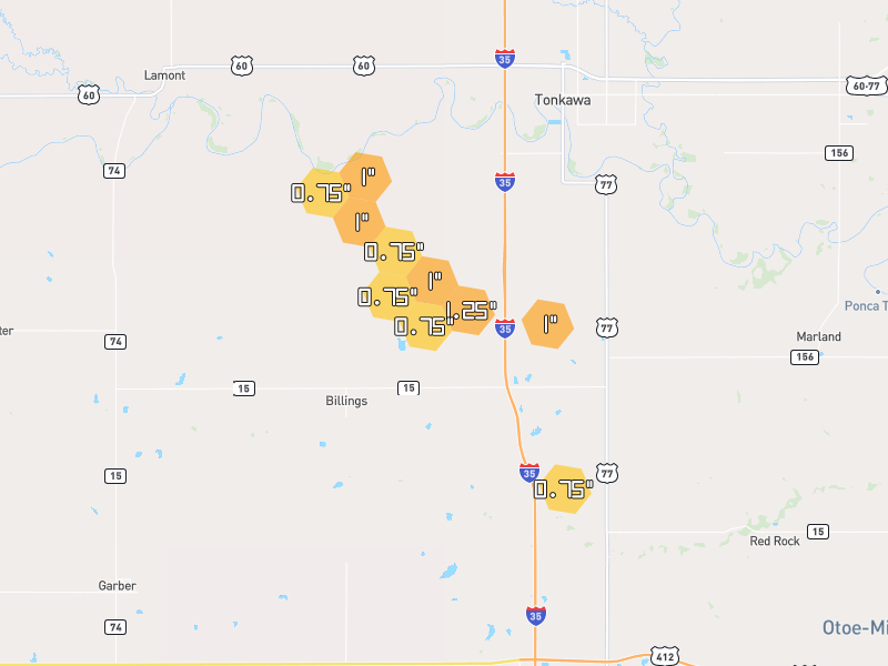 Hail map of Billings, OK on Jun 2, 2026, hail up to 1.25"