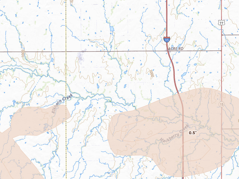 Radar-estimated hail-size map of the storm over Billings, OK on Jun 26, 2026