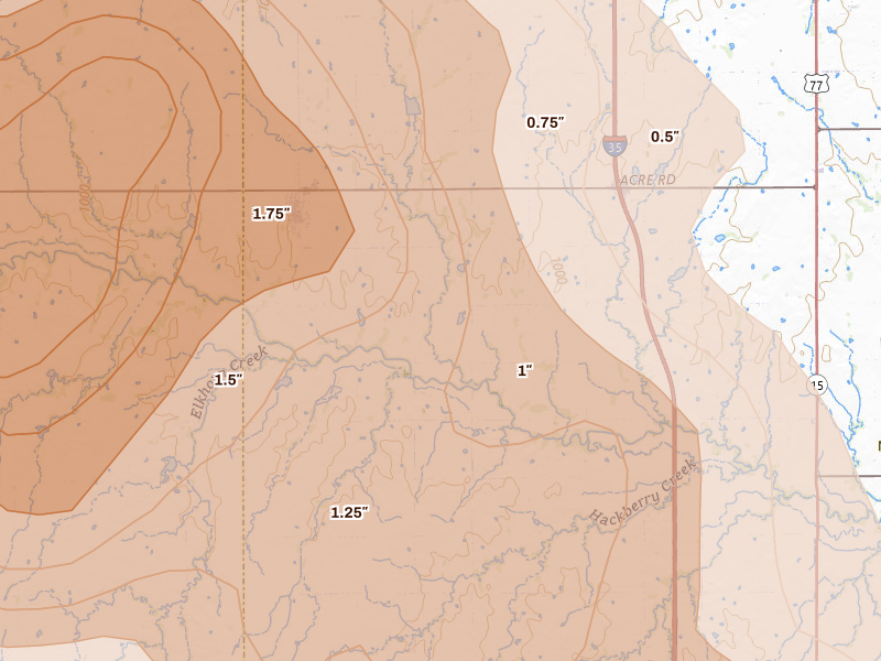 Radar-estimated hail-size map of the storm over Billings, OK on Jul 4, 2026