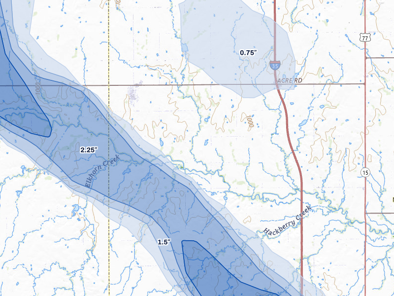 NEXRAD radar-signature map of the hail over Billings, OK