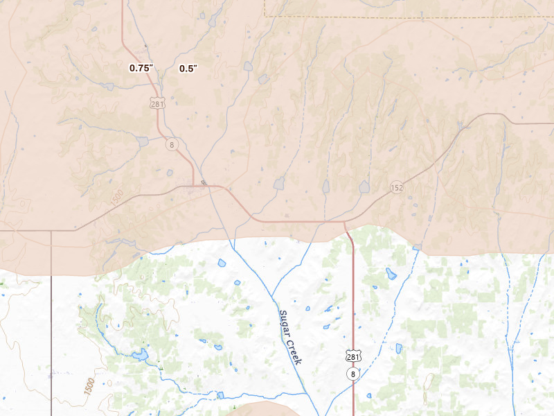 Radar-estimated hail-size map of the storm over Binger, OK on Apr 3, 2026