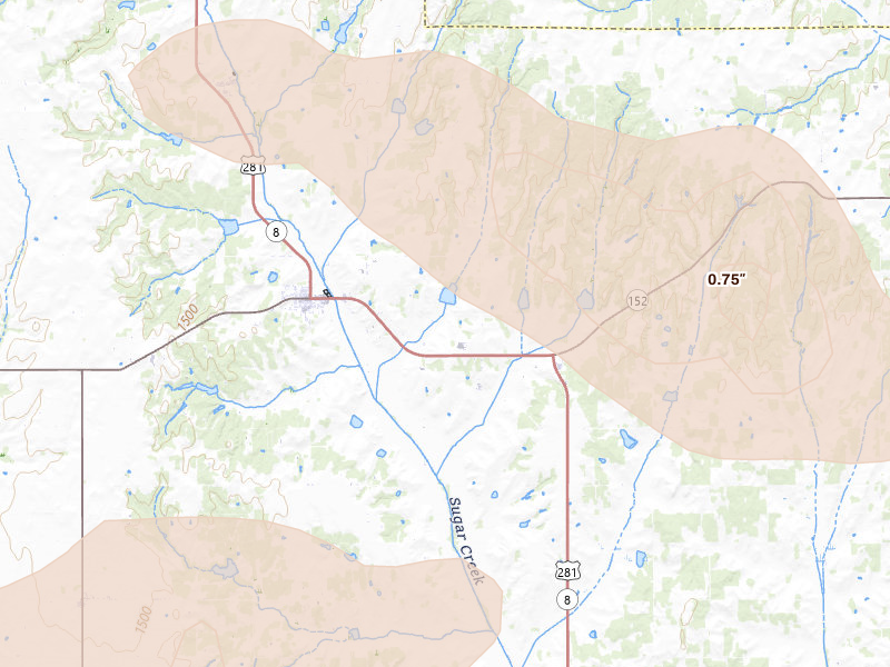 Radar-estimated hail-size map of the storm over Binger, OK on May 9, 2026