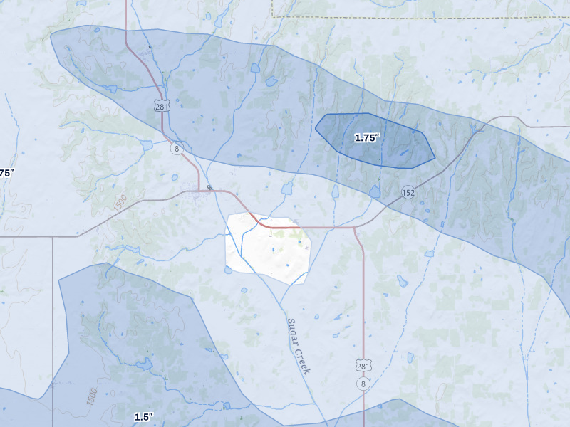 NEXRAD radar-signature map of the hail over Binger, OK