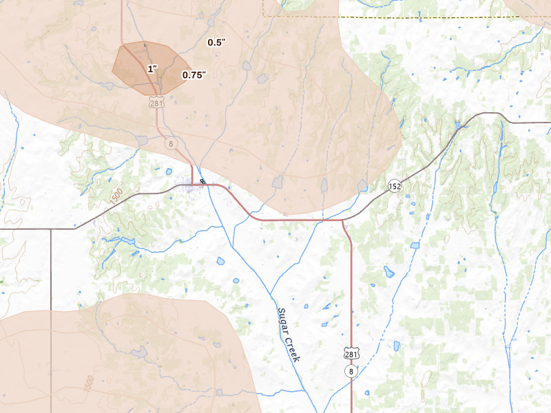Radar-estimated hail-size map of the storm over Binger, OK on Jun 11, 2026