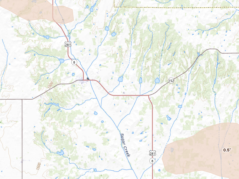 Radar-estimated hail-size map of the storm over Binger, OK on Jul 4, 2026