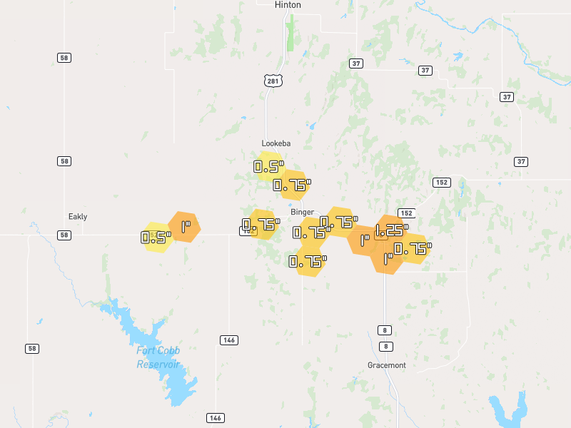 Hail map of Binger, OK on Jul 5, 2026, hail up to 1.25"
