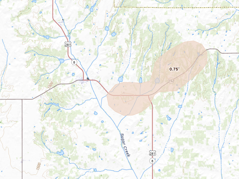 Radar-estimated hail-size map of the storm over Binger, OK on Aug 16, 2026