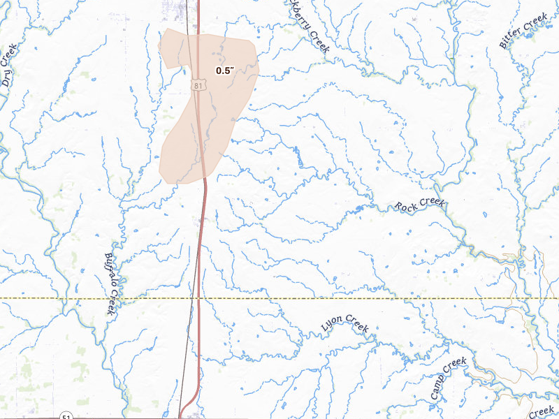 Radar-estimated hail-size map of the storm over Bison, OK on Apr 1, 2026