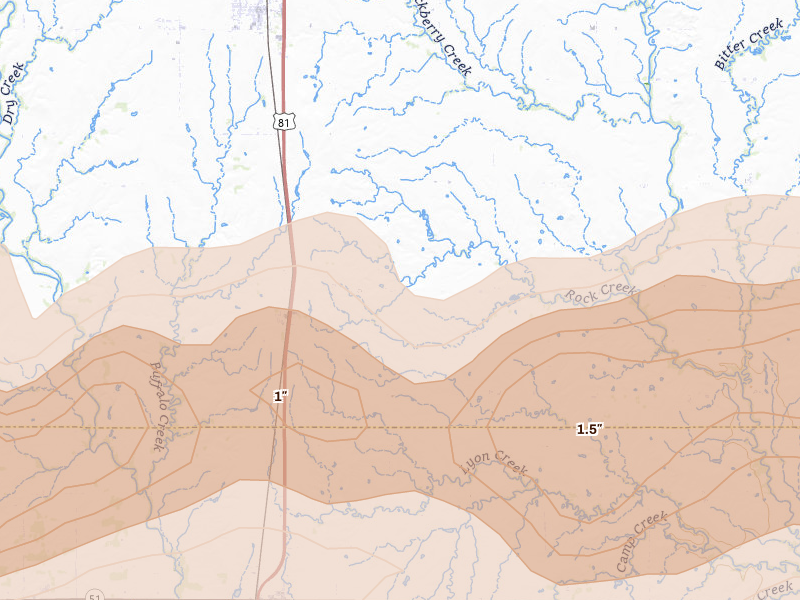 Radar-estimated hail-size map of the storm over Bison, OK on Apr 17, 2026