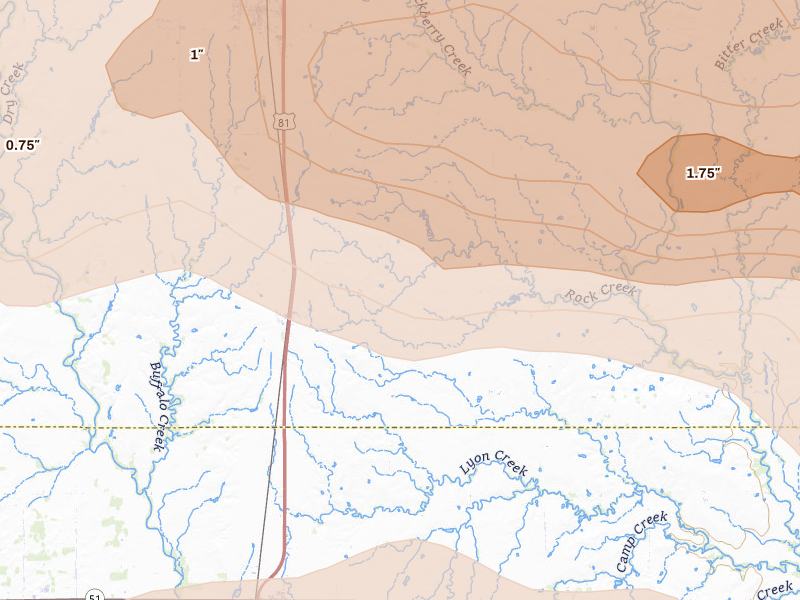 Radar-estimated hail-size map of the storm over Bison, OK on Apr 23, 2026