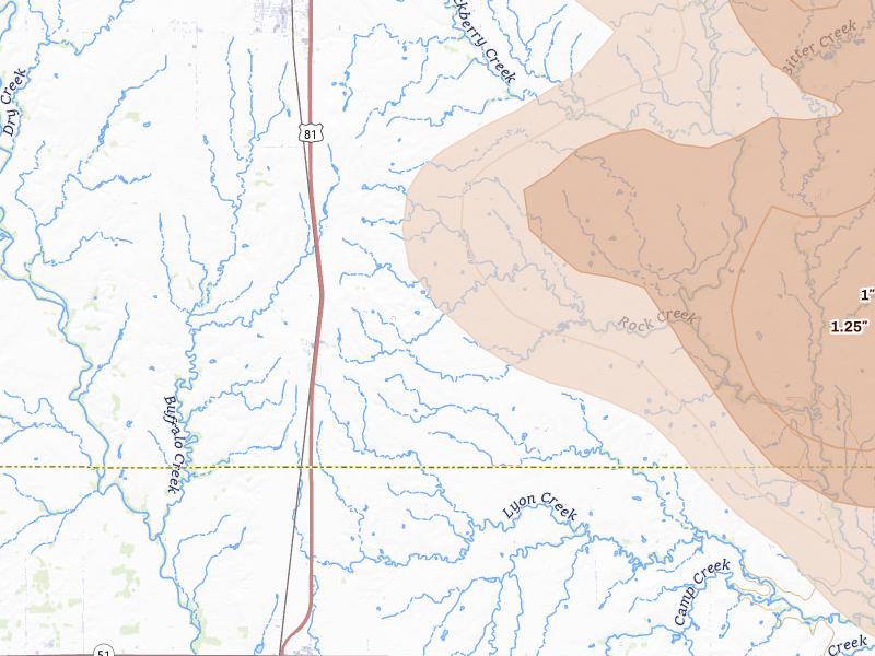 Radar-estimated hail-size map of the storm over Bison, OK on Jul 4, 2026