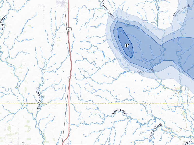 NEXRAD radar-signature map of the hail storm over Bison, OK on Jul 4, 2026