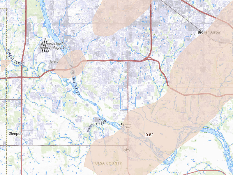 Radar-estimated hail-size map of the storm over Bixby, OK on Mar 6, 2026