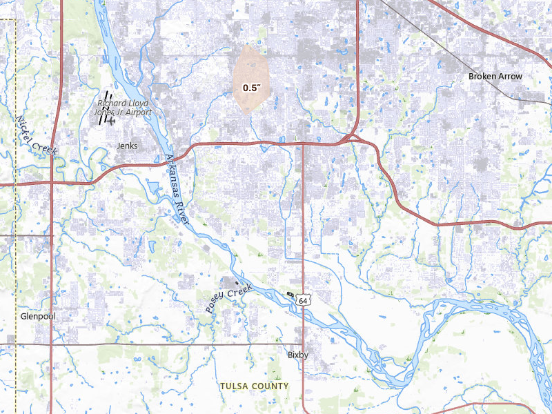 Radar-estimated hail-size map of the storm over Bixby, OK on Jun 2, 2026