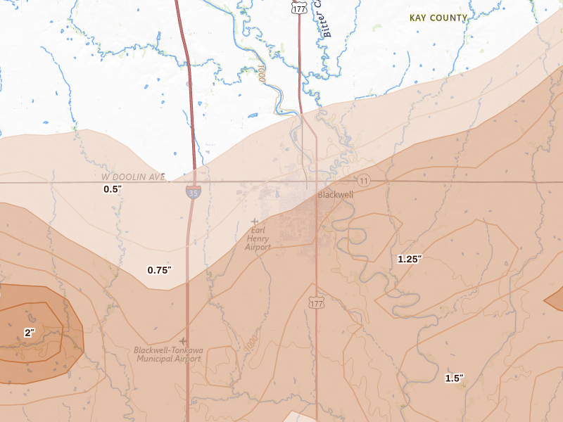 Radar-estimated hail-size map of the storm over Blackwell, OK on Apr 17, 2026