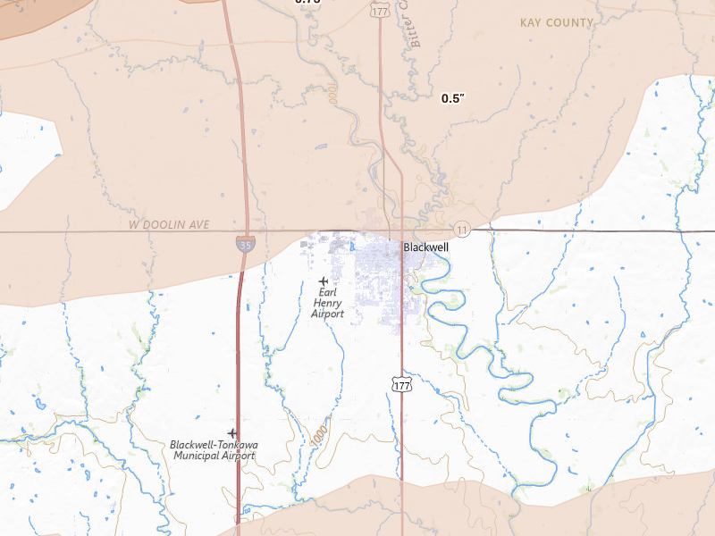 Radar-estimated hail-size map of the storm over Blackwell, OK on Apr 23, 2026