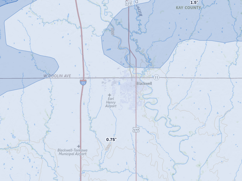 NEXRAD radar-signature map of the hail over Blackwell, OK