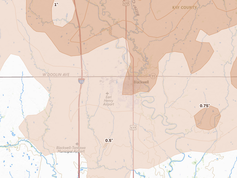 Radar-estimated hail-size map of the storm over Blackwell, OK on May 18, 2026