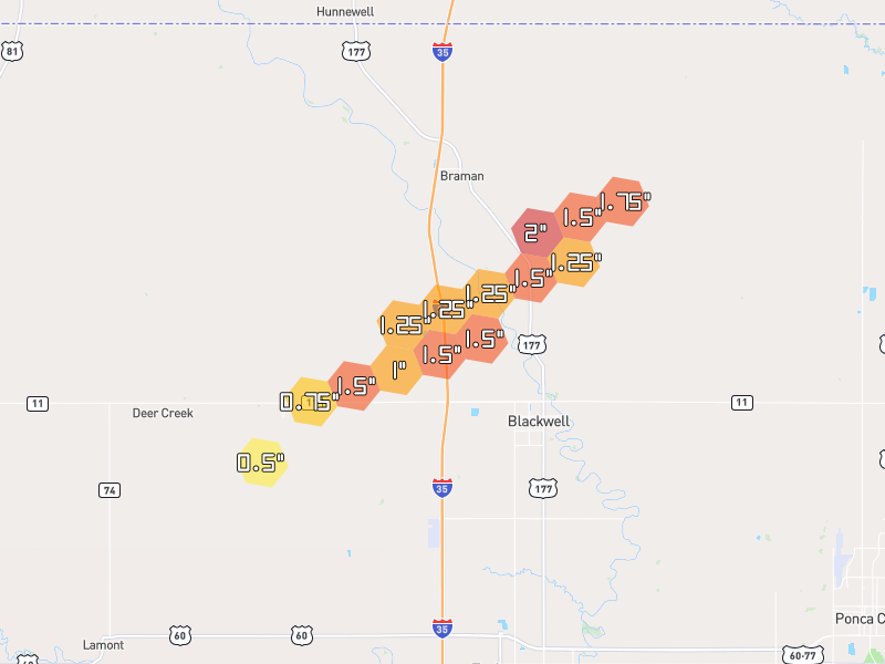Hail map of Blackwell, OK on Jun 27, 2026, hail up to 2"