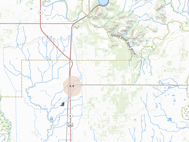Radar-estimated hail-size map of the storm over Blair, OK on Apr 1, 2026