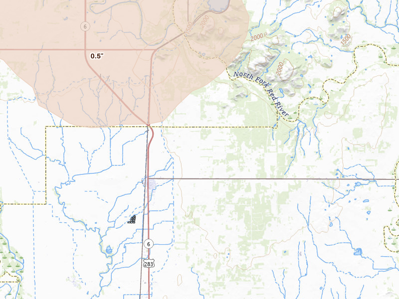Radar-estimated hail-size map of the storm over Blair, OK on Jun 25, 2026