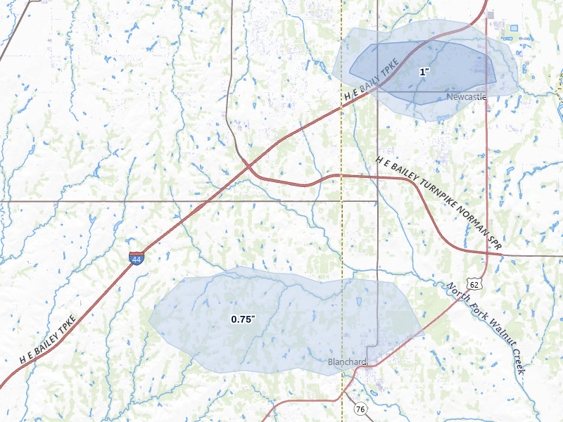 NEXRAD radar-signature map of the hail storm over Blanchard, OK on Jan 7, 2026