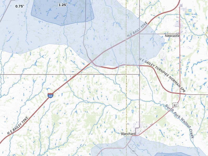 NEXRAD radar-signature map of the hail over Blanchard, OK