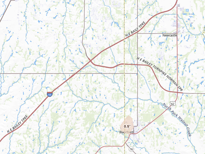 Radar-estimated hail-size map of the storm over Blanchard, OK on May 18, 2026