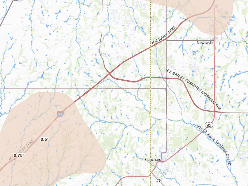 Radar-estimated hail-size map of the storm over Blanchard, OK on Jun 23, 2026