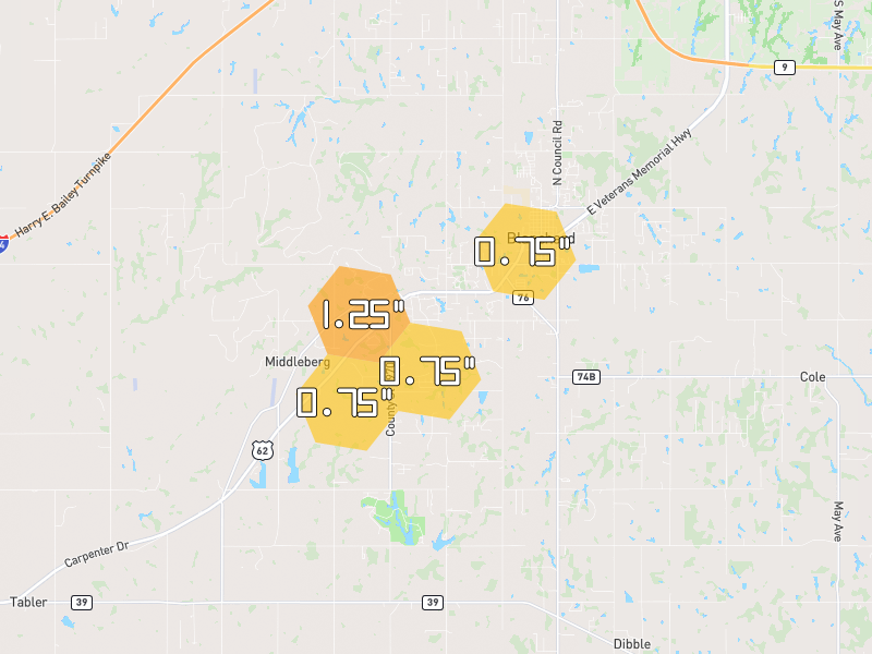 Hail map of Blanchard, OK on Jun 27, 2026, hail up to 1.25"