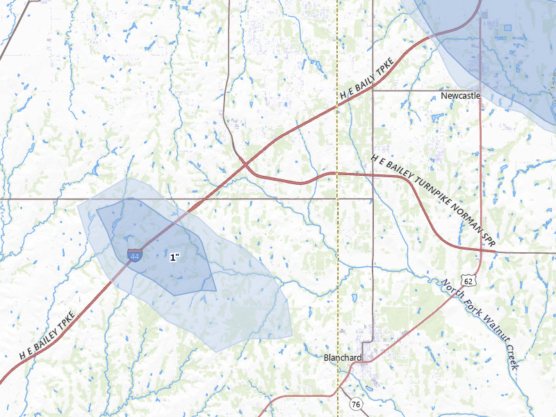 NEXRAD radar-signature map of the hail over Blanchard, OK
