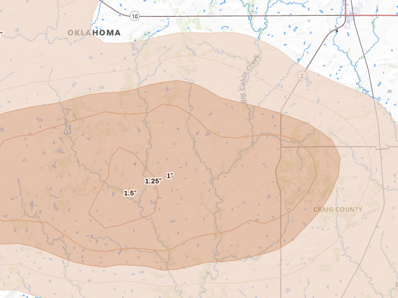 Radar-estimated hail-size map of the storm over Bluejacket, OK on Apr 25, 2026