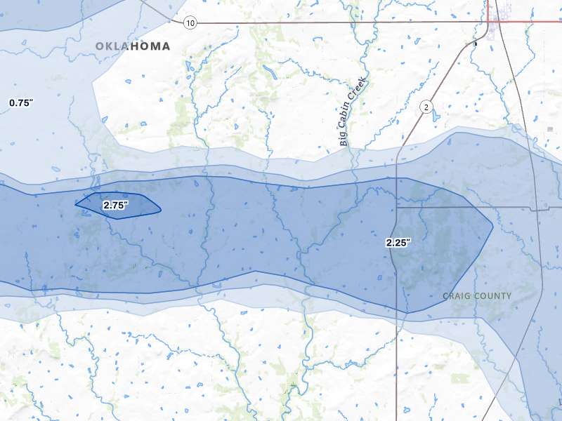 NEXRAD radar-signature map of the hail over Bluejacket, OK