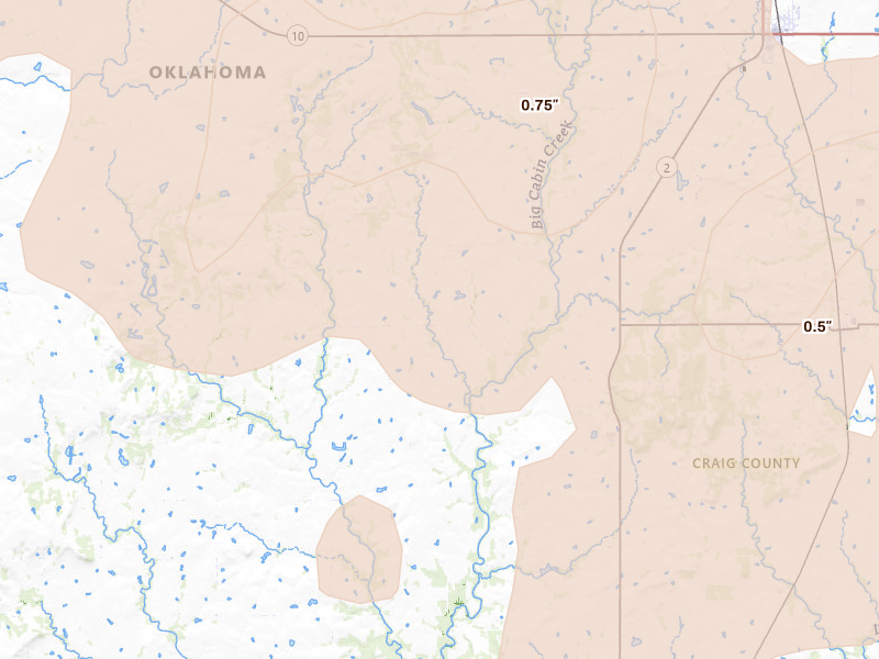 Radar-estimated hail-size map of the storm over Bluejacket, OK on May 4, 2026