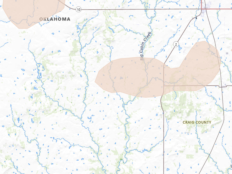 Radar-estimated hail-size map of the storm over Bluejacket, OK on Jun 7, 2026