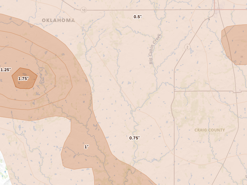 Radar-estimated hail-size map of the storm over Bluejacket, OK on Jun 11, 2026