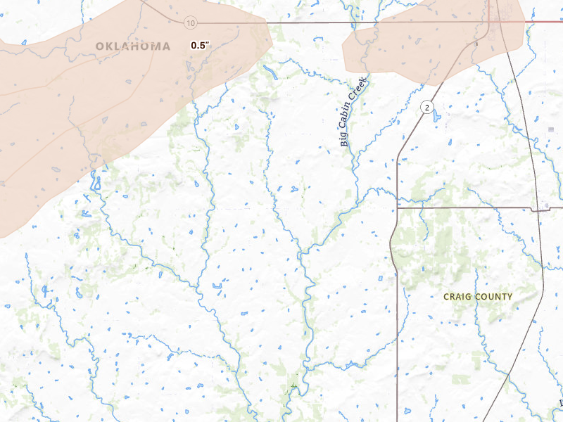 Radar-estimated hail-size map of the storm over Bluejacket, OK on Jun 26, 2026