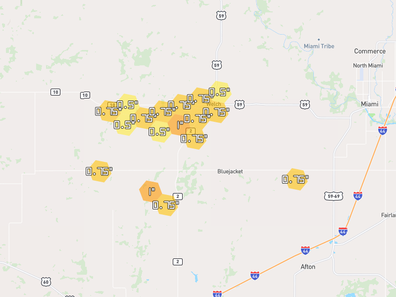 Hail map of Bluejacket, OK on Jun 27, 2026, hail up to 1"