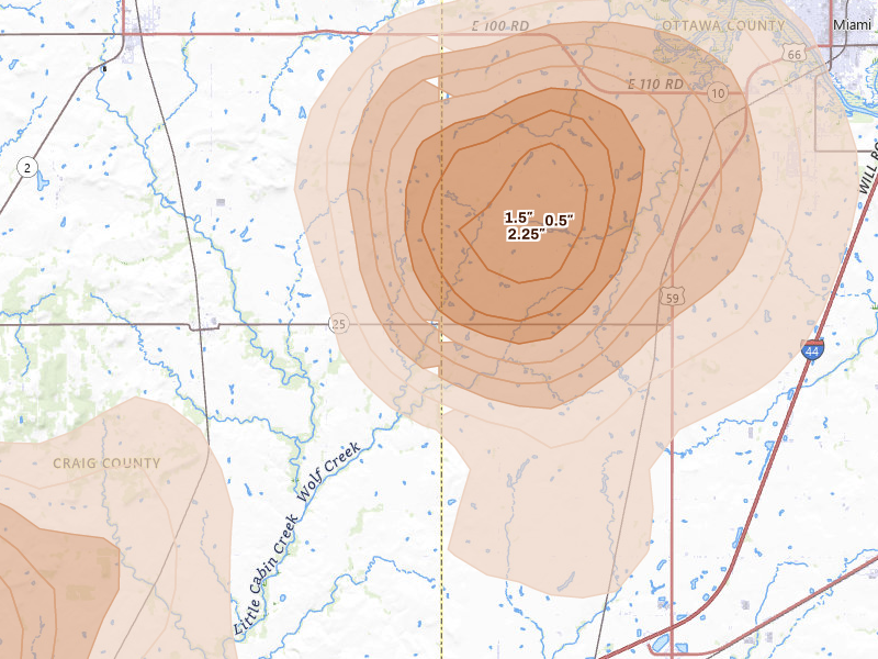 Radar-estimated hail-size map of the storm over Bluejacket, OK on Aug 6, 2026