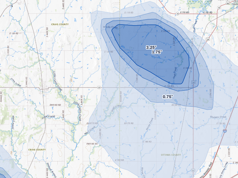 NEXRAD radar-signature map of the hail storm over Bluejacket, OK on Aug 6, 2026
