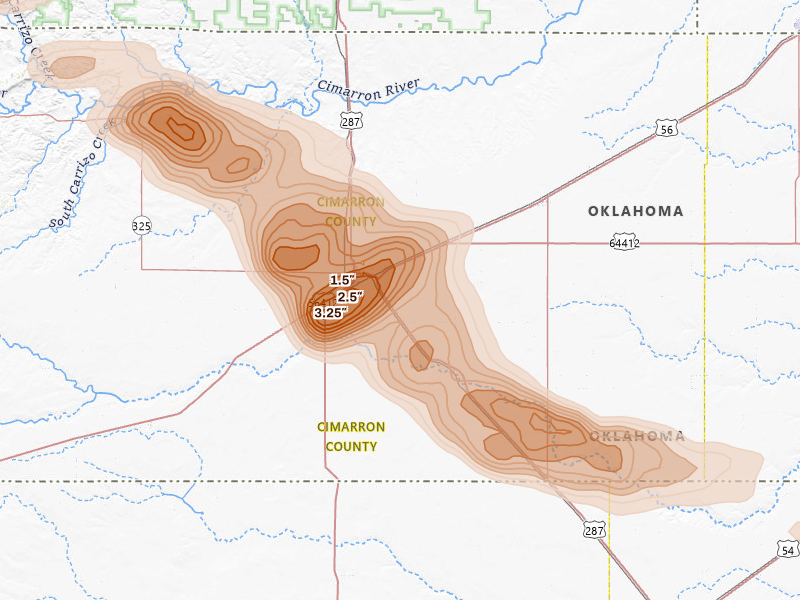Radar-estimated hail-size map of the storm over Boise City, OK on Jun 25, 2026