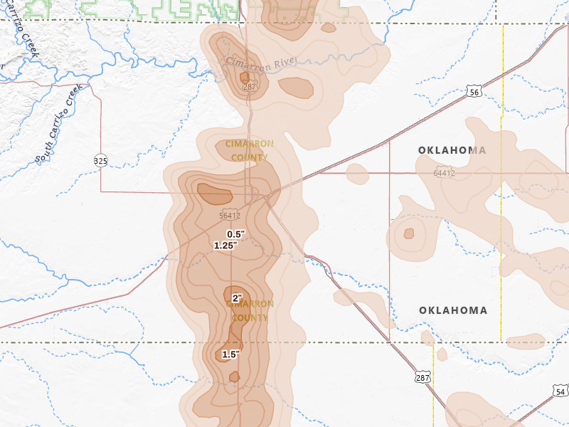 Radar-estimated hail-size map of the storm over Boise City, OK on Aug 6, 2026