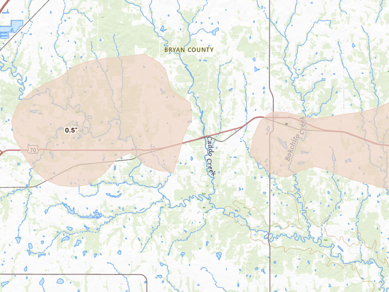Radar-estimated hail-size map of the storm over Bokchito, OK on Apr 17, 2026